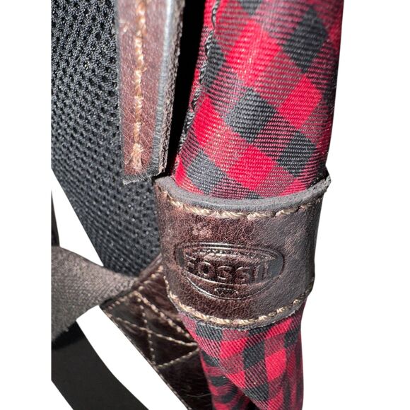 Fossil Plaid Backpack Red Tartan Canvas Bag Leather Trim Travel Work School - Picture 6 of 9